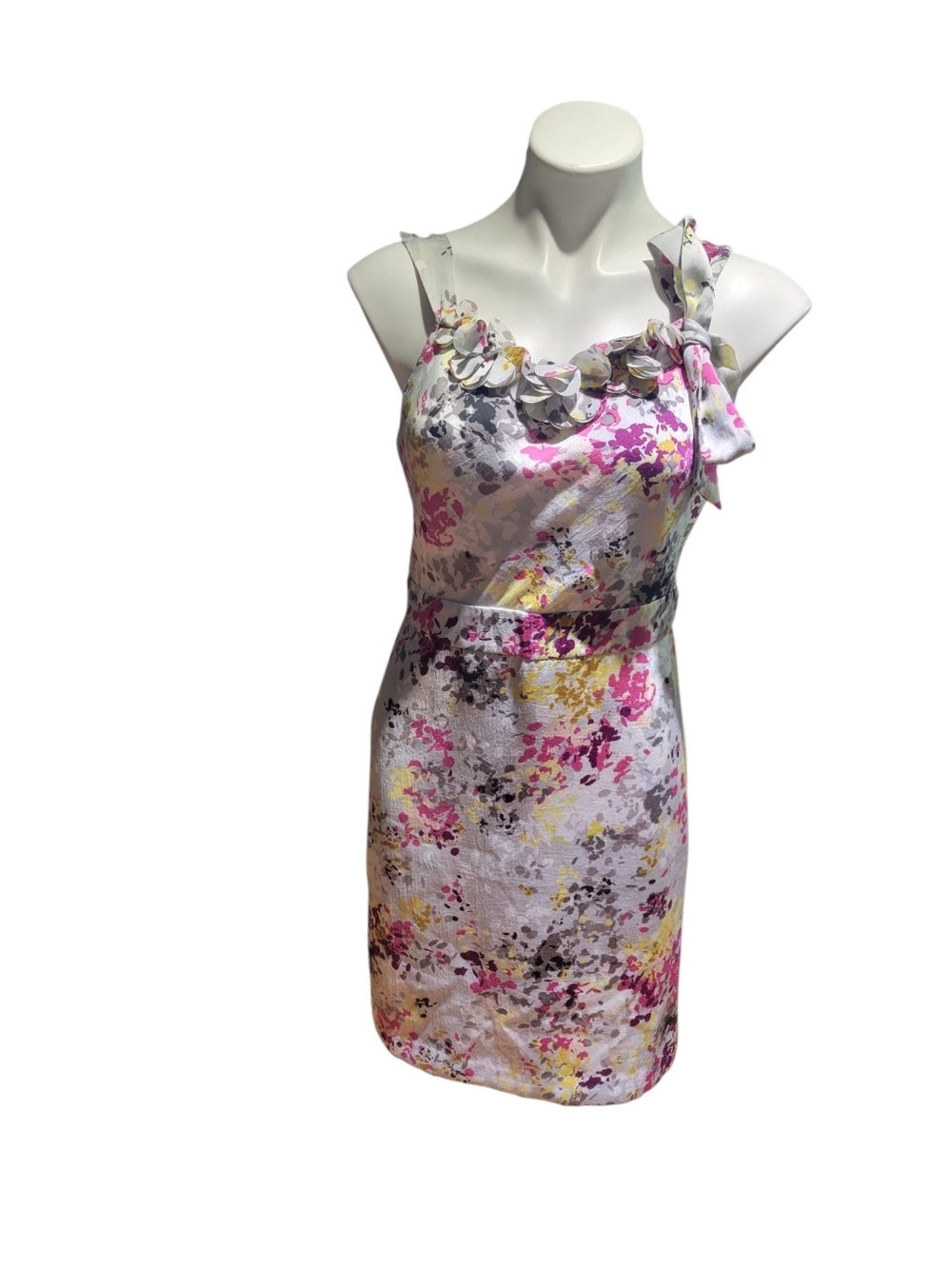 LOFT One-Shoulder Floral Sheath Dress in Pink, Yellow and Gray